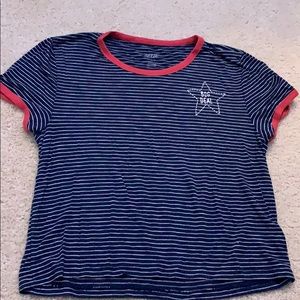 Blue striped top with red edges